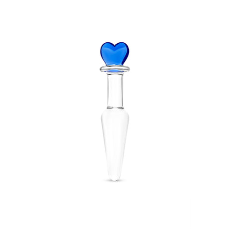 Clear glass butt plug with a blue heart-shaped base, slim neck and smooth tapered tip on a white background