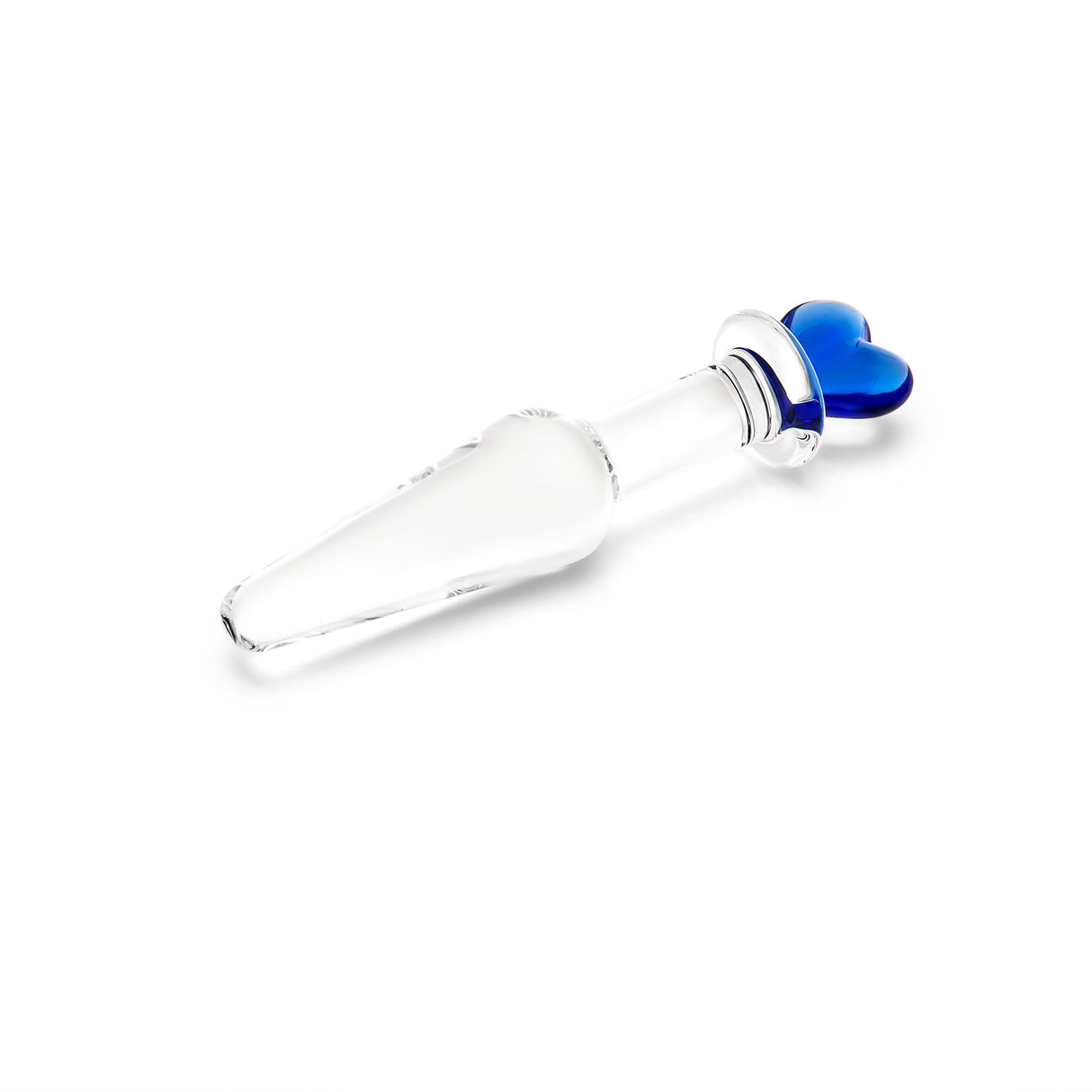 Clear glass butt plug with a blue heart-shaped base, slim neck and smooth tapered tip on a white background