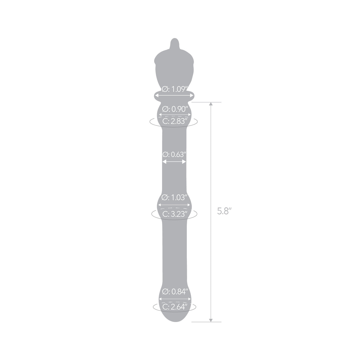 Measurement chart of Strawberry Base Glass dildo featuring a rounded tip and a beaded mid-shaft body  item with dimensions labeled