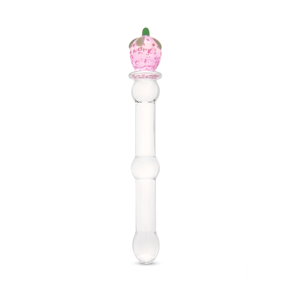 Strawberry Base Glass dildo featuring a rounded tip and a beaded mid-shaft body  on a white background