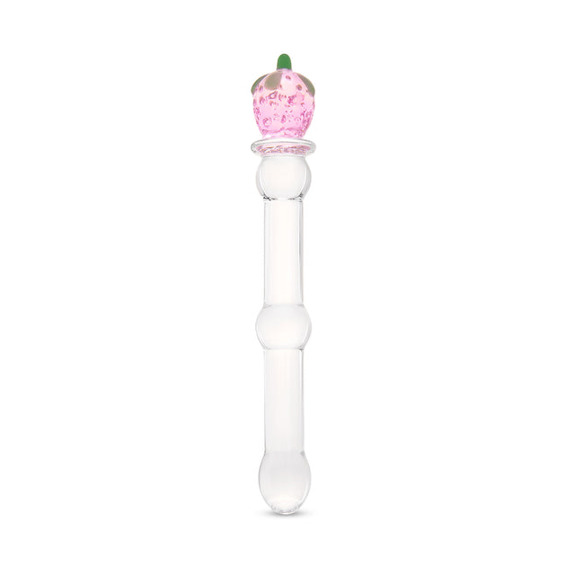 Strawberry Base Glass dildo featuring a rounded tip and a beaded mid-shaft body  on a white background