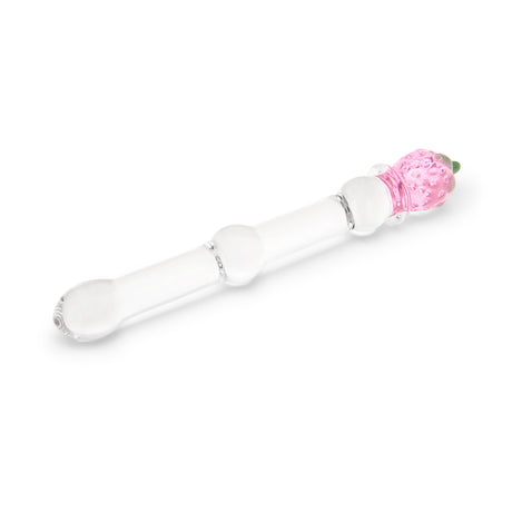 Strawberry Base Glass dildo featuring a rounded tip and a beaded mid-shaft body  on a white background