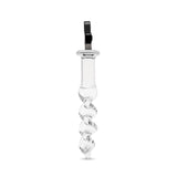 sideview of a spiral glass anal plug featuring a tapered tip and black clover base on a white background