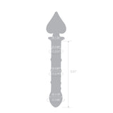 Gray silhoutte of a textured glass dildo with a nubbed shaft and secure spade base with measurements on a white background
