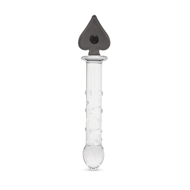 textured glass dildo with a nubbed shaft and secure spade base on a white background