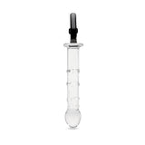 side view of a textured glass dildo with a nubbed shaft and secure spade base on a white background