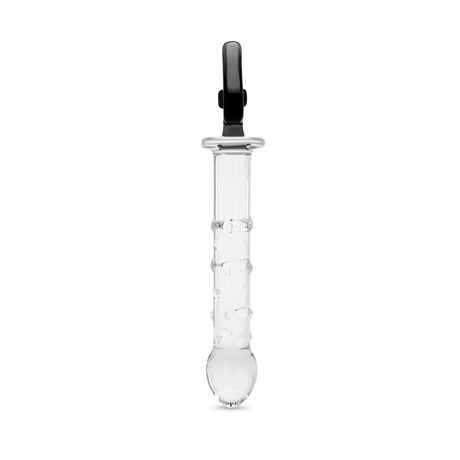 side view of a textured glass dildo with a nubbed shaft and secure spade base on a white background
