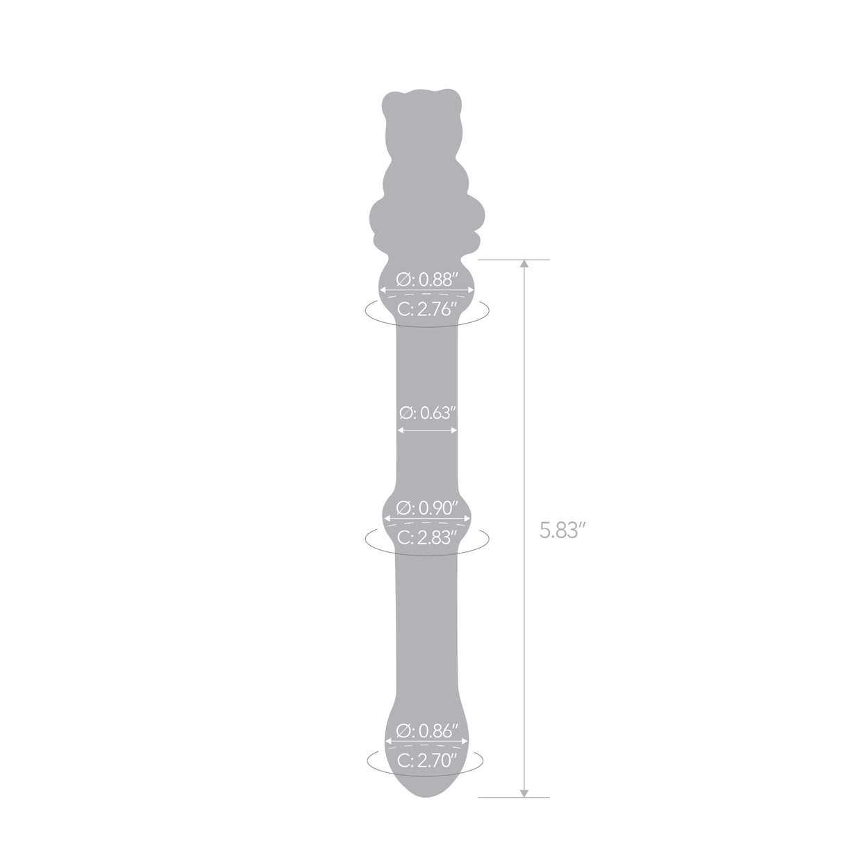 Gray silhoutte of a Clear beaded glass dildo featuing a tapered tip and cute pink bear base with measurements on a white background