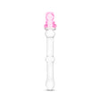 Clear beaded glass dildo featuing a tapered tip and cute pink bear base on a white background