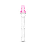 Clear beaded glass dildo featuing a tapered tip and cute pink bear base on a white background