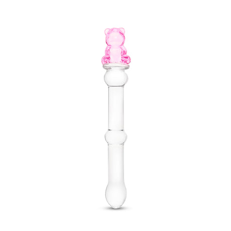 Clear beaded glass dildo featuing a tapered tip and cute pink bear base on a white background