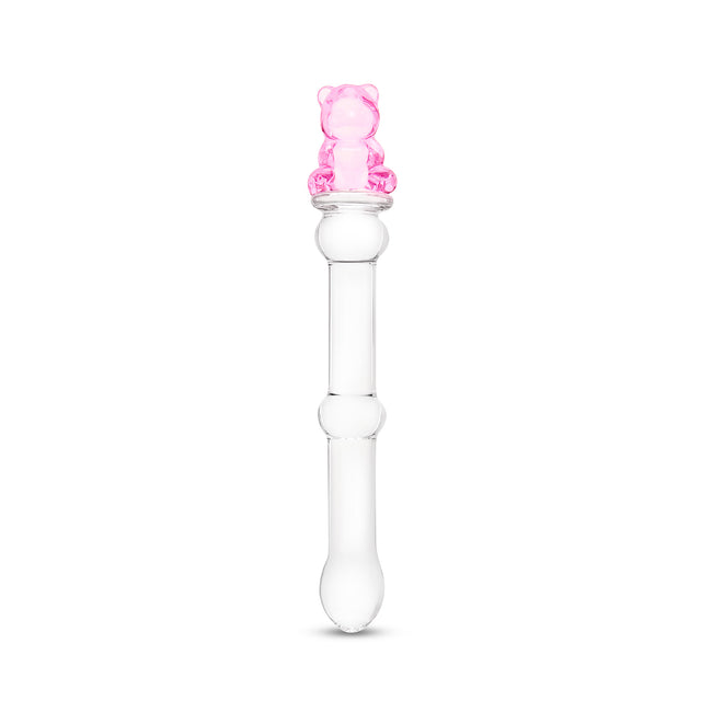 Clear beaded glass dildo featuing a tapered tip and cute pink bear base on a white background