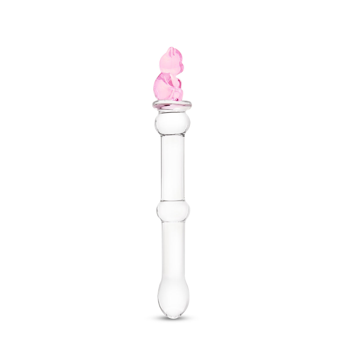 Sideview of a Clear beaded glass dildo featuing a tapered tip and cute pink bear base on a white background
