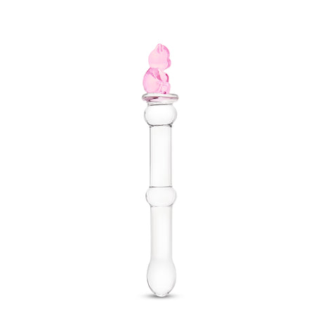 Sideview of a Clear beaded glass dildo featuing a tapered tip and cute pink bear base on a white background