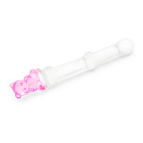 Clear beaded glass dildo featuing a tapered tip and cute pink bear base on a white background