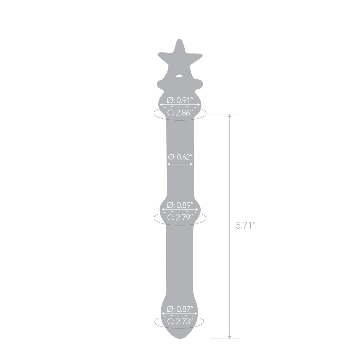 Gray silhoutte of beaded glass dildo featuring a star base and mid-shaft bead with measurements on a white background