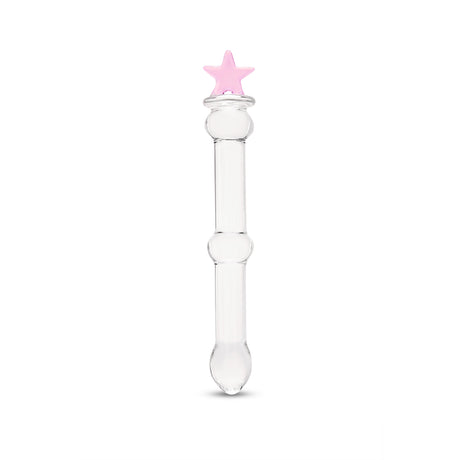beaded glass dildo featuring a pink star base and mid-shaft bead on a white background