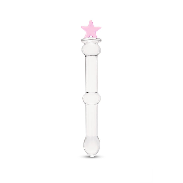 beaded glass dildo featuring a pink star base and mid-shaft bead on a white background