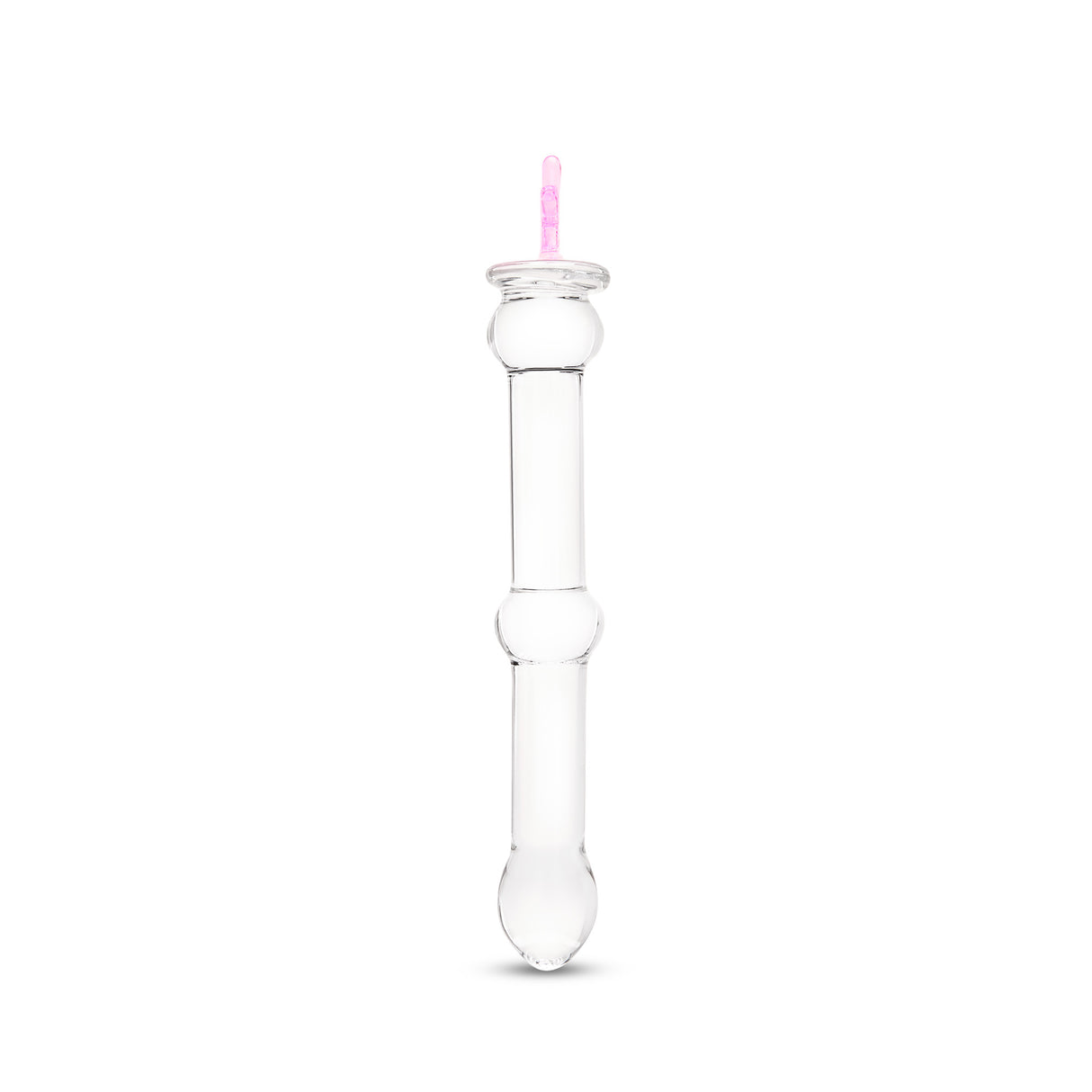 beaded glass dildo featuring a pink star base and mid-shaft bead on a white background