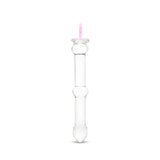 beaded glass dildo featuring a pink star base and mid-shaft bead on a white background