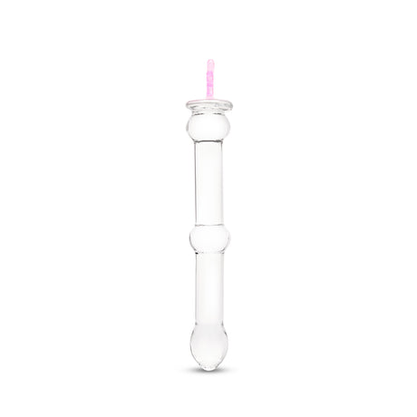 beaded glass dildo featuring a pink star base and mid-shaft bead on a white background