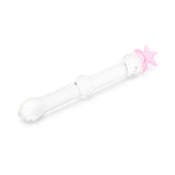 beaded glass dildo featuring a pink star base and mid-shaft bead on a white background