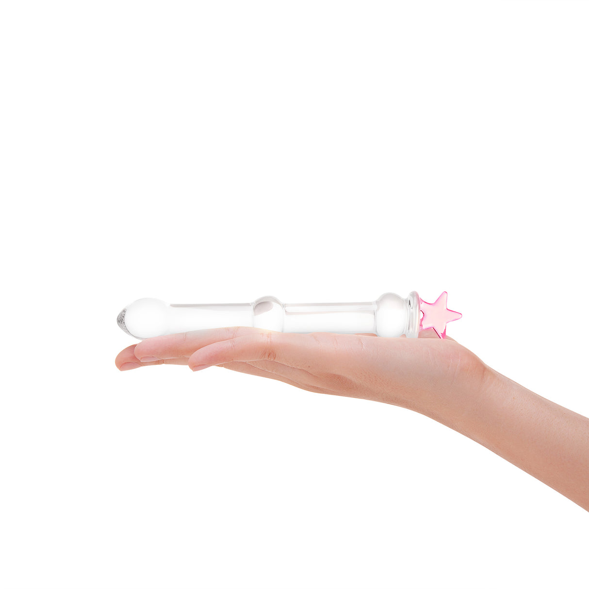 beaded glass dildo featuring a pink star base and mid-shaft bead on a white background