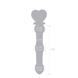beaded glass dildo featuring a pink heart base and mid-shaft bead with measurements on a white background