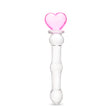 beaded glass dildo featuring a pink heart base and mid-shaft bead on a white background