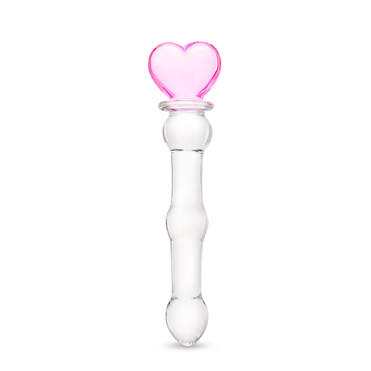 beaded glass dildo featuring a pink heart base and mid-shaft bead on a white background