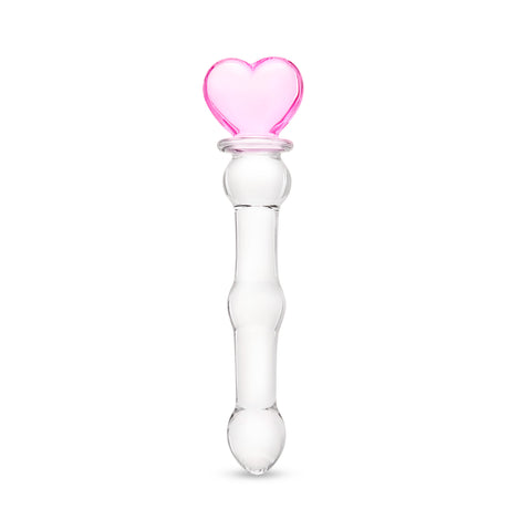 beaded glass dildo featuring a pink heart base and mid-shaft bead on a white background