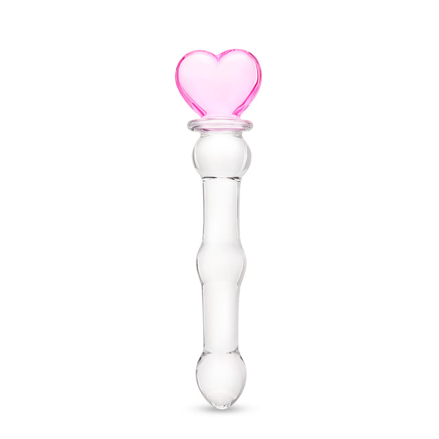 beaded glass dildo featuring a pink heart base and mid-shaft bead on a white background