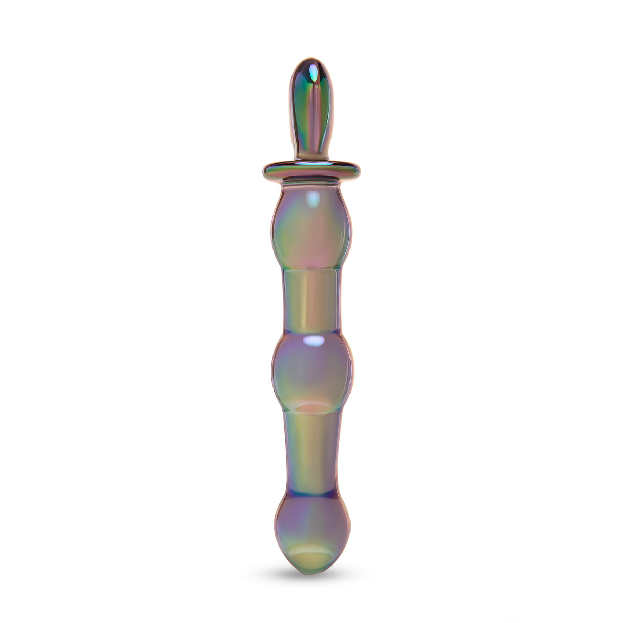 Sideview of a glass dildo with an Iridescent Beaded Shaft and a heart base on a white background on a white background