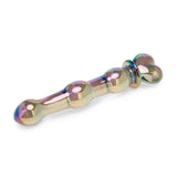 Glass dildo with an Iridescent Beaded Shaft and a heart base on a white background