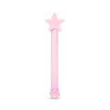 Pink glass dildo with a star-shaped base, round tip and a straight shaft on a white background