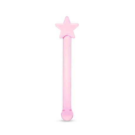 Pink glass dildo with a star-shaped base, round tip and a straight shaft on a white background