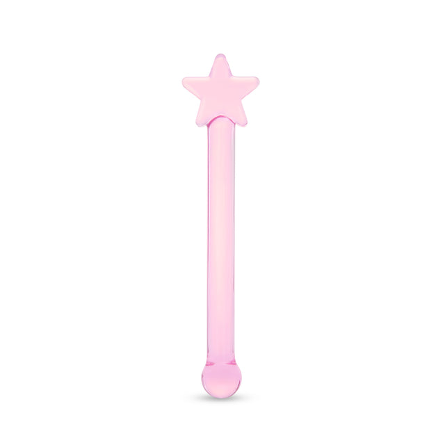 Pink glass dildo with a star-shaped base, round tip and a straight shaft on a white background