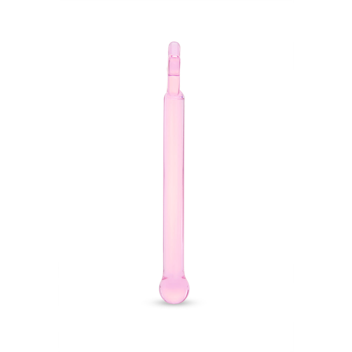 Sideview of a Pink glass dildo with a star-shaped base, round tip and a straight shaft on a white background