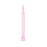 Sideview of a Pink glass dildo with a star-shaped base, round tip and a straight shaft on a white background