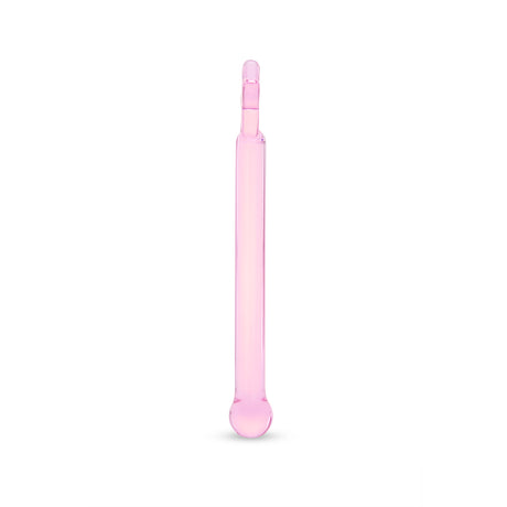Sideview of a Pink glass dildo with a star-shaped base, round tip and a straight shaft on a white background