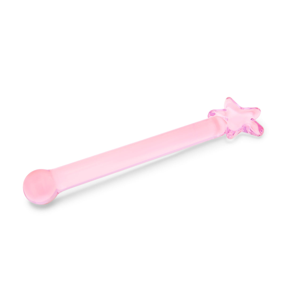 Pink glass dildo with a star-shaped base, round tip and a straight shaft on a white background