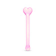 Pink glass dildo with a heart base and round tip on a white background