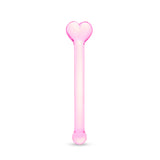 Pink glass dildo with a heart base and round tip on a white background