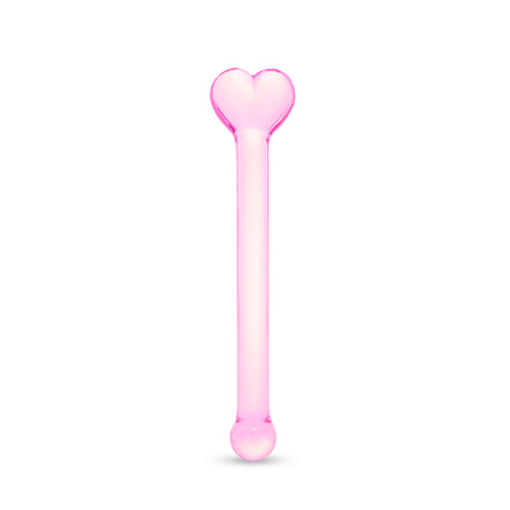 Pink glass dildo with a heart base and round tip on a white background