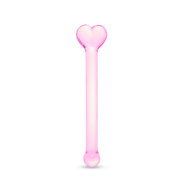Pink glass dildo with a heart base and round tip on a white background