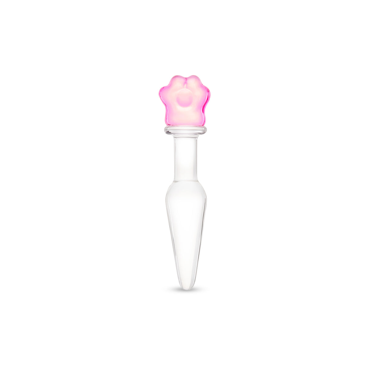 Glass anal plug with slim shaft, tapered tip, and a secure pink flower base on a white background