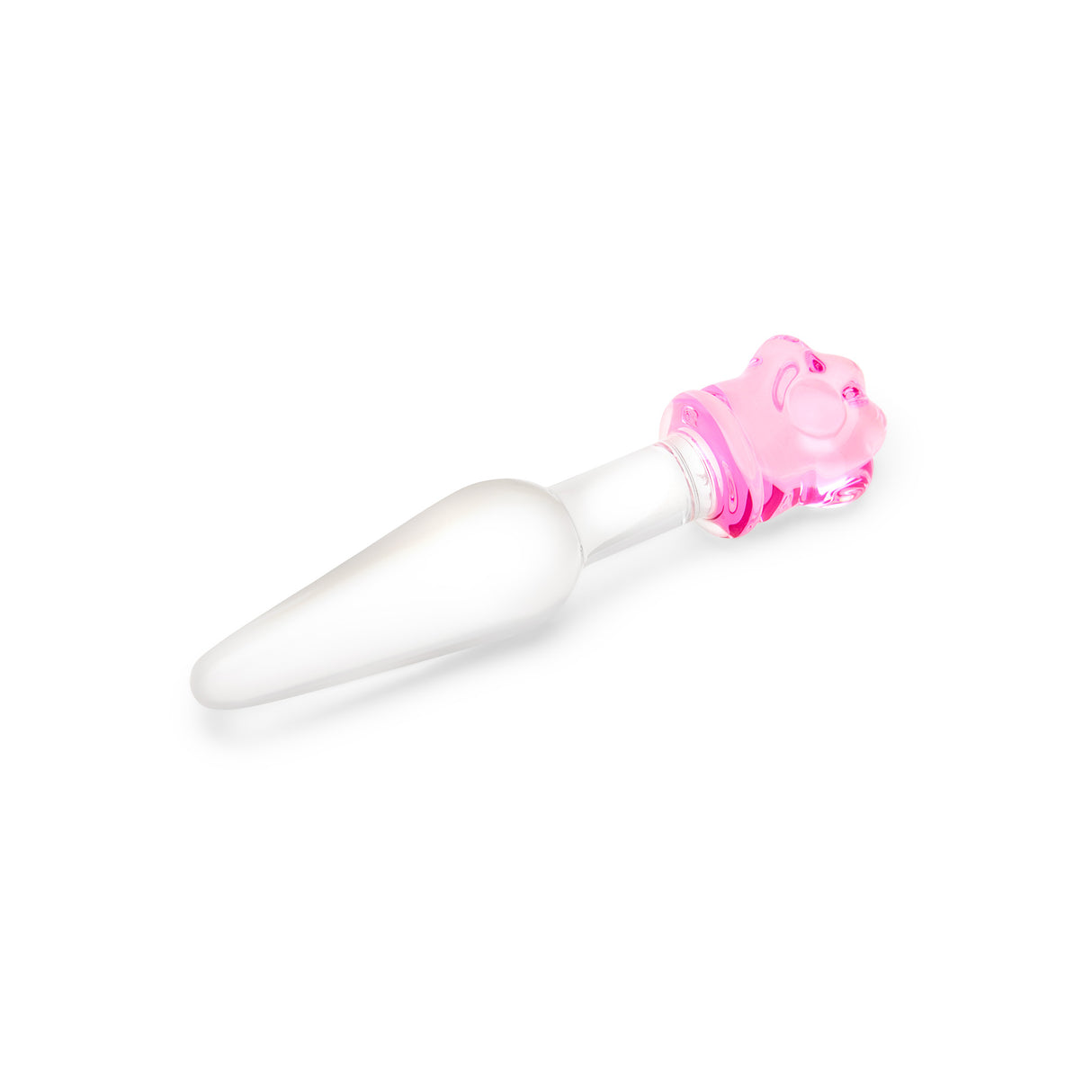 Glass anal plug with slim shaft, tapered tip, and a secure pink flower base on a white background