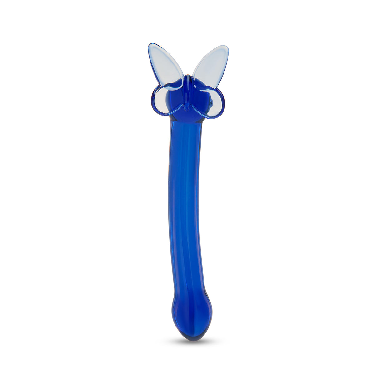 Blue curved glass G-spot dildo with butterfly base on a white background