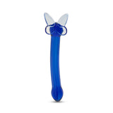 Blue curved glass G-spot dildo with butterfly base on a white background