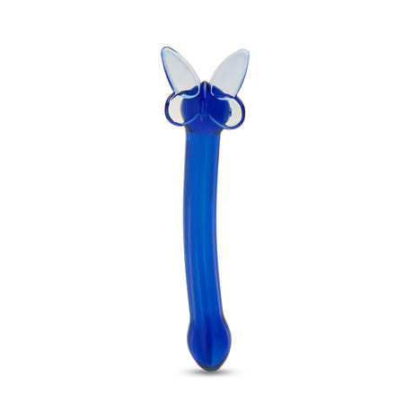 Blue curved glass G-spot dildo with butterfly base on a white background